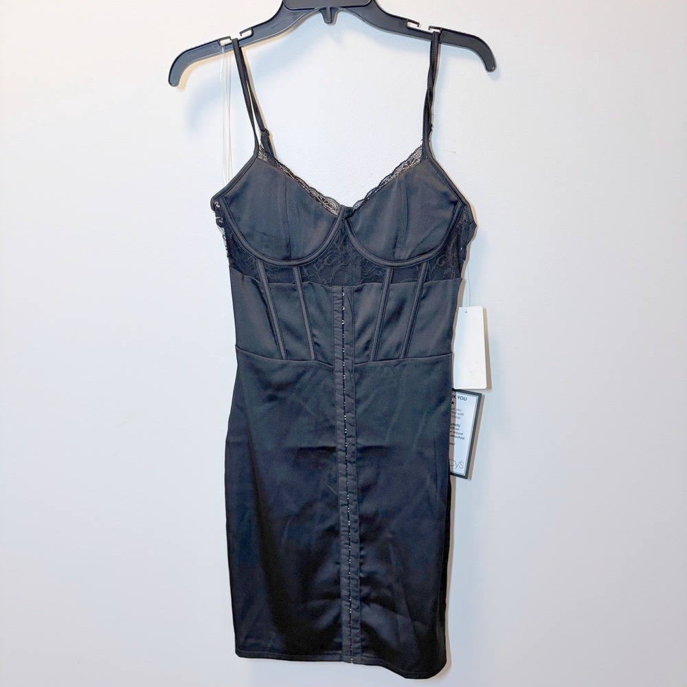 Katia Rae Black Satin Corset Mini Dress Lace Trim Underwire Bodycon Large NWT